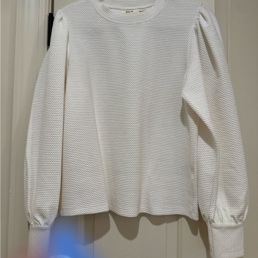 Maeve White Textured Puff-Sleeve Sweatshirt